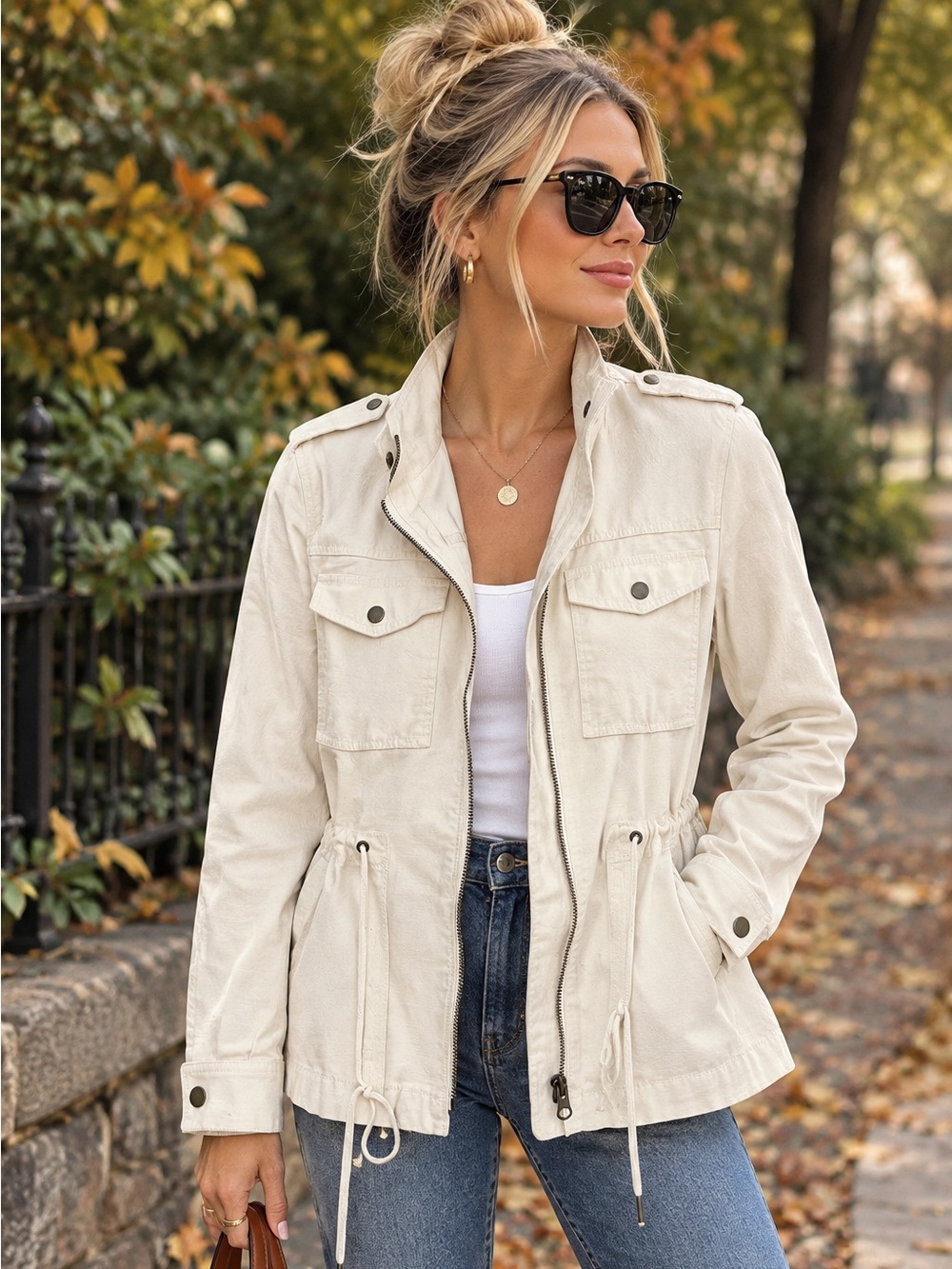 J. Crew Mercantile Cream Utility Jacket with Drawstring Waist Size XS
